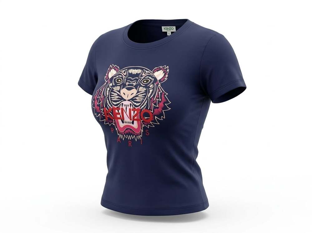 Kenzo Paris Women's Classic Navy Blue Embroidered Tiger Head T-Shirt Size S